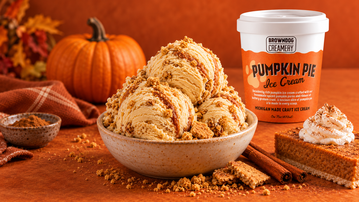 Pumpkin Pie ice cream scoops, BROWNDOG pint, pumpkin and pie in an autumn setting