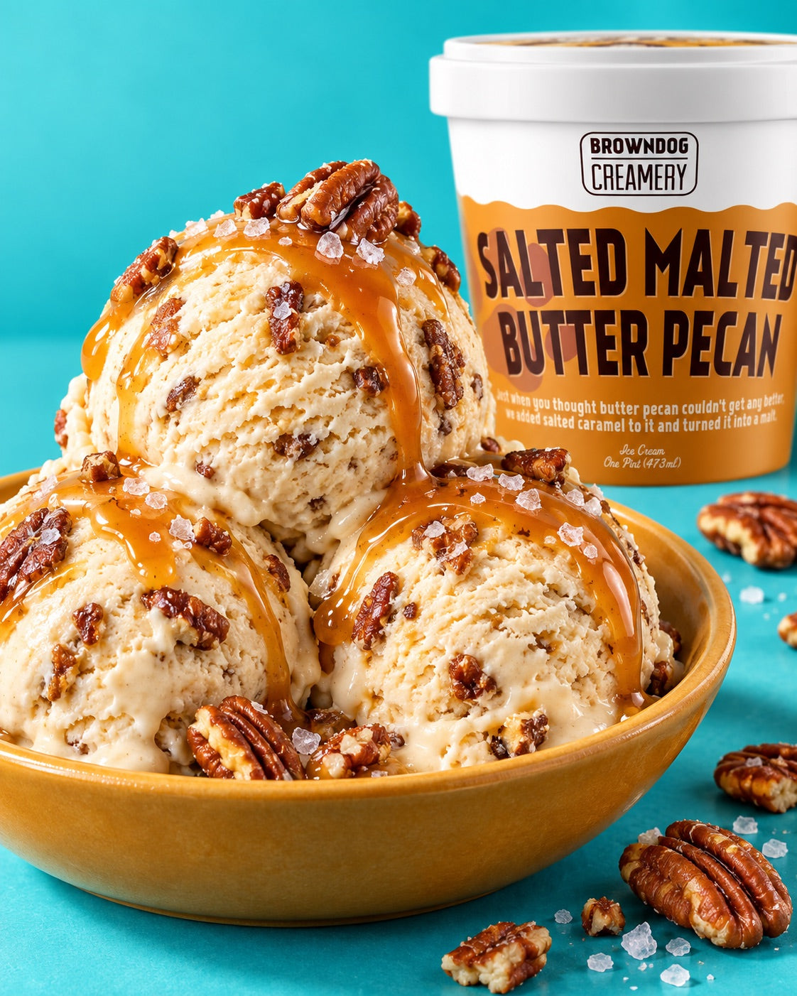 SALTED MALTED BUTTER PECAN ICE CREAM scoops