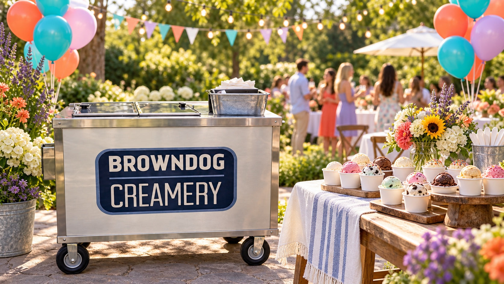 BROWNDOG catering cart with ice cream cups, balloons, and party decorations