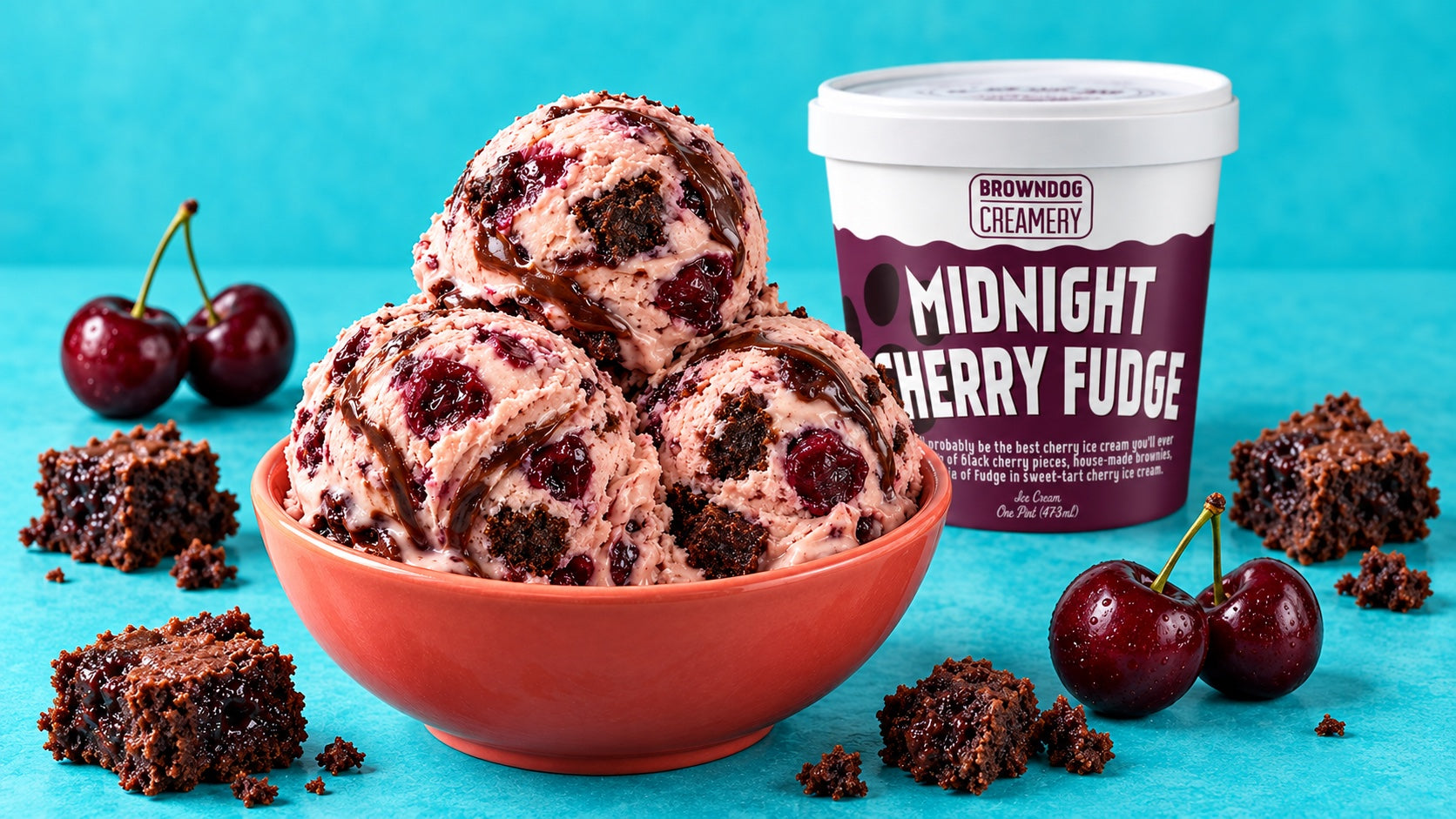 Midnight Cherry Fudge scoops with the BROWNDOG pint