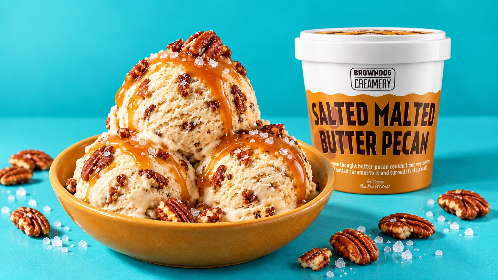 Salted Malted Butter Pecan scoops with the BROWNDOG pint